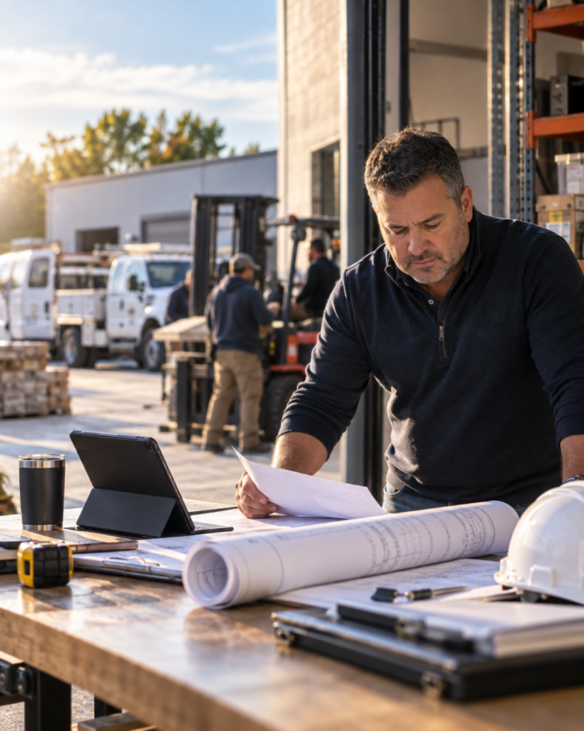 Business owner reviewing plans in a commercial operation with employees, vehicles, tools, and equipment