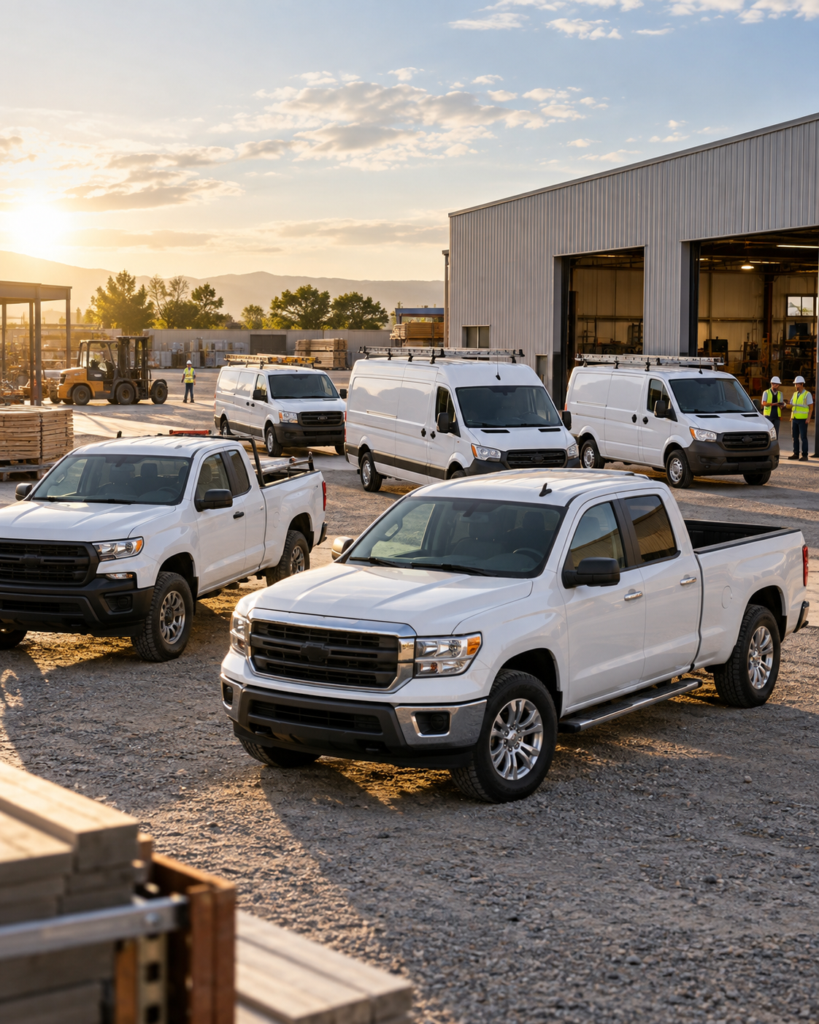 Business owner reviewing plans in a commercial operation with employees, vehicles, tools, and equipment