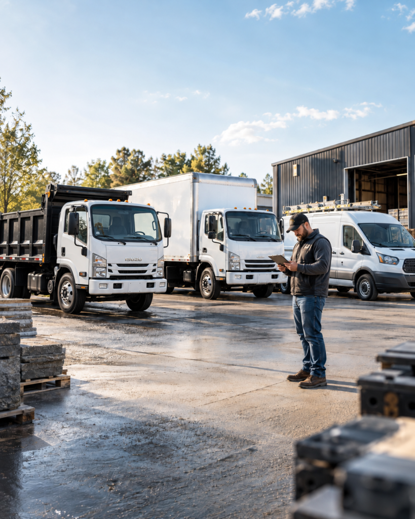 Commercial trucking fleet with cabover dump truck, box truck, and contractor van