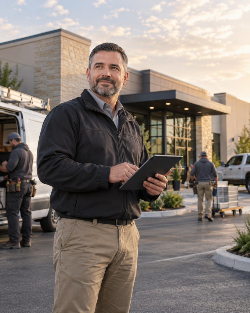 Business owner reviewing plans in a commercial operation with employees, vehicles, tools, and equipment