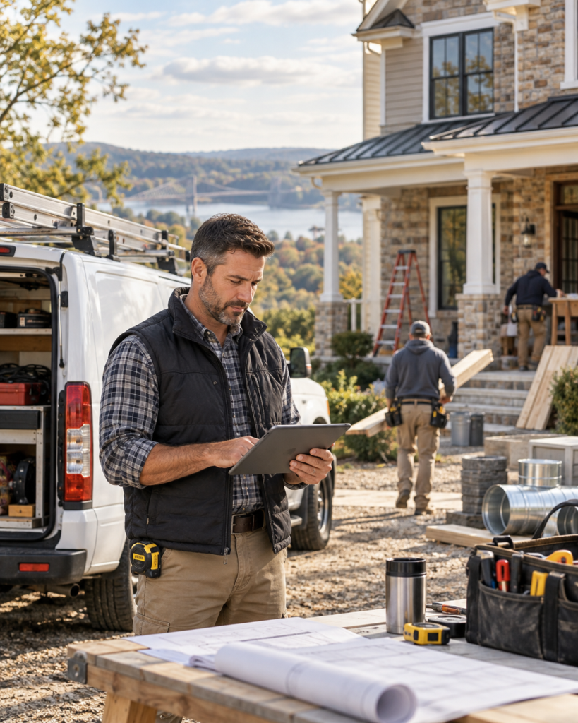 Contractor working at an electrical panel, representing contractors and other trades insurance in Pennsylvania and New Jersey.
