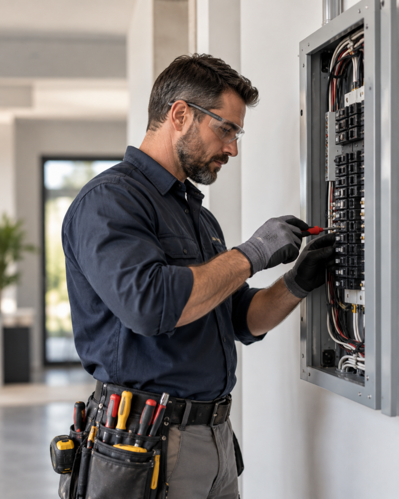 Electrician servicing an electrical panel