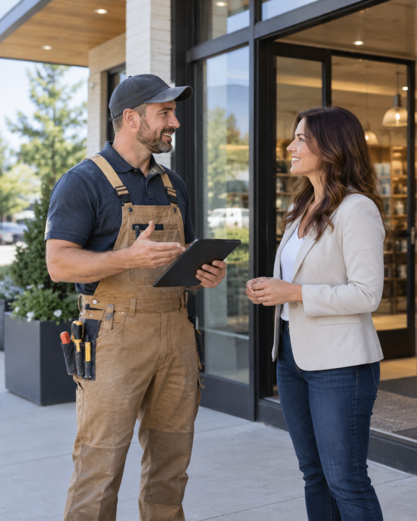 Business owner reviewing plans in a commercial operation with employees, vehicles, tools, and equipment