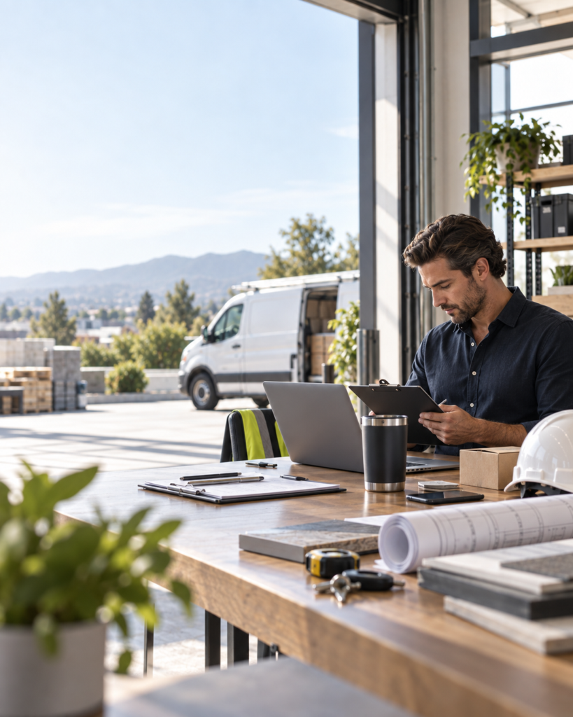 Commercial business workspace with contracts, tools, and work materials representing multiple industries