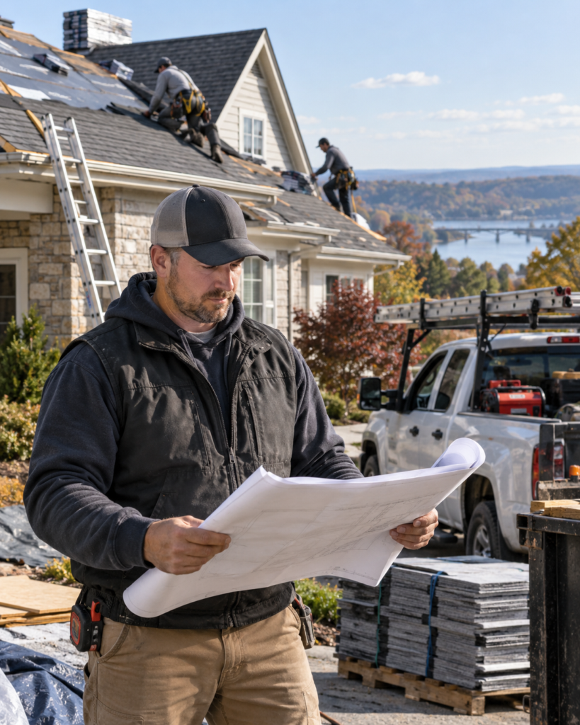 Roofing contractor reviewing plans while a crew installs a residential roof in Pennsylvania or New Jersey