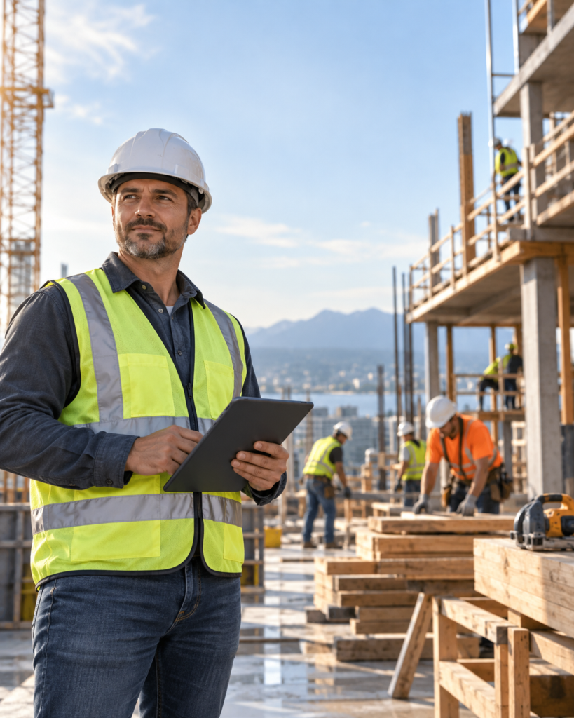 Business owner reviewing plans in a commercial operation with employees, vehicles, tools, and equipment