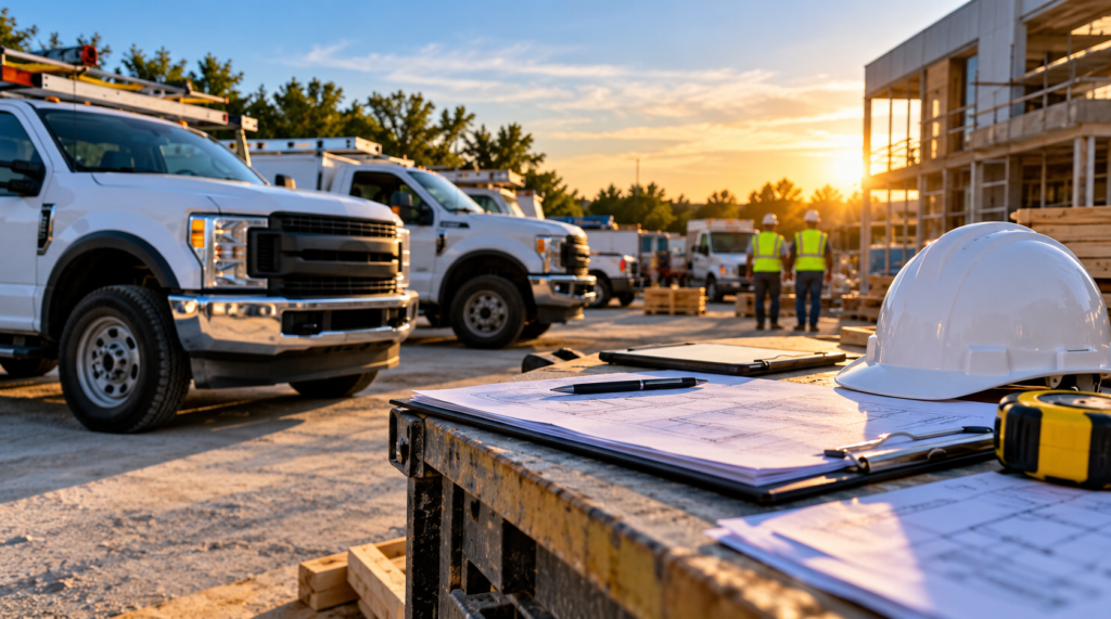 Commercial work trucks, construction equipment, and project plans at a jobsite, illustrating business insurance renewal exposures.