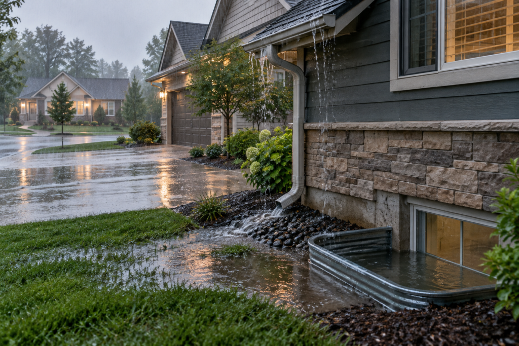Heavy rain and water runoff near a home's foundation and basement window, illustrating water backup and flood exposure.