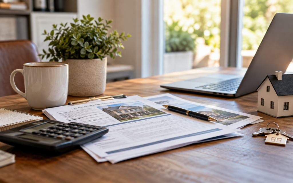 Home insurance documents, property information, laptop, calculator, and house keys arranged for an insurance coverage review.
