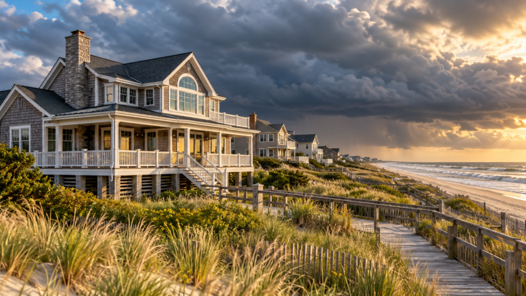Coastal home near the New Jersey shoreline under approaching storm clouds, illustrating wind and coastal insurance exposure. Caption